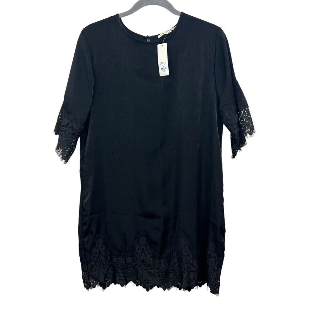 Francesca Miami Mini Shift Dress Satin Finish Lace Hem and Sleeve Black Women S*